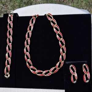 Red and Gold Chain Earrings Bracelet Necklace Jewelry Set